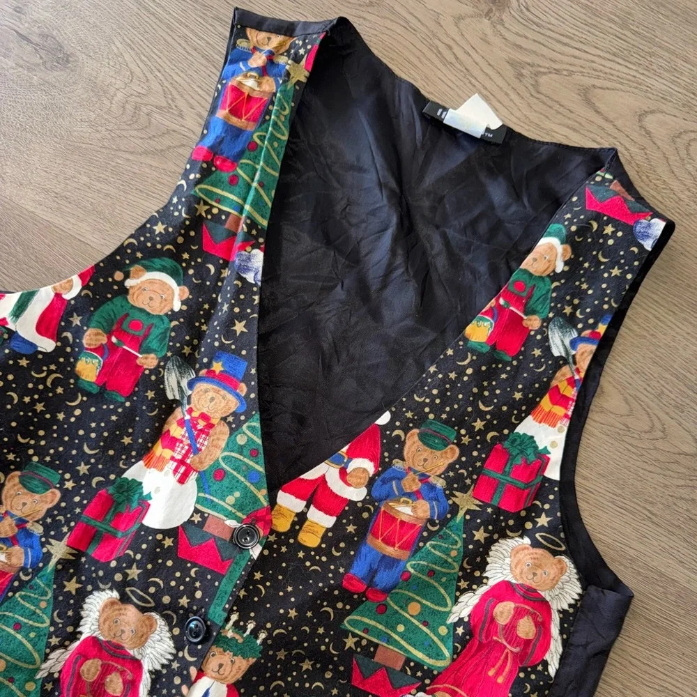 Vintage 90s 111 Main Holiday Christmas Teddy Bear Vest Back Tie Size M USA Made